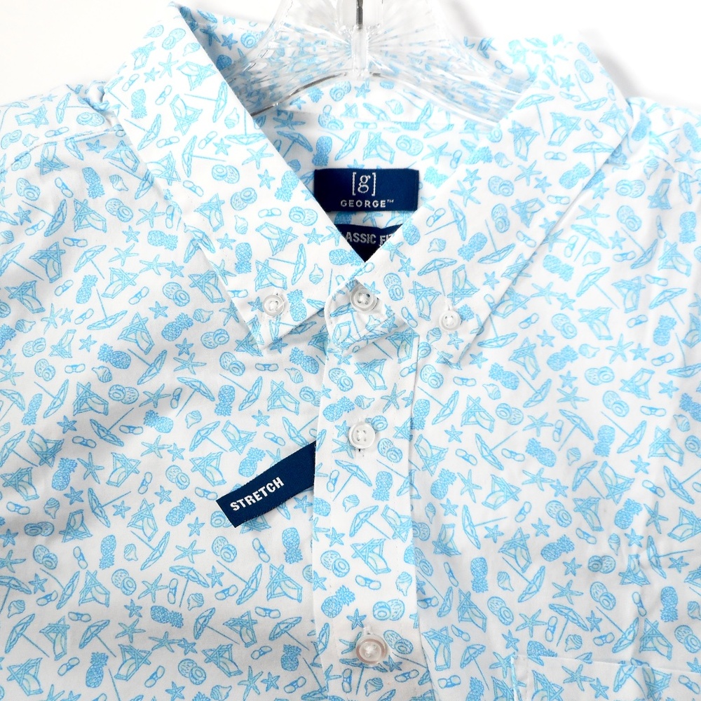 George Mens 2XL (50-52) Short Sleeve Shirt Stretch Poplin Beach Vivid White Blue